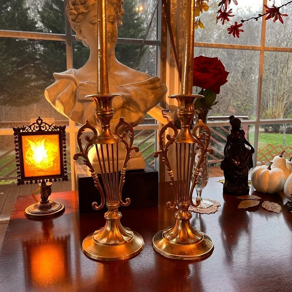 Pair of Lyre Shaped Brass Candle Holders 10-1/8